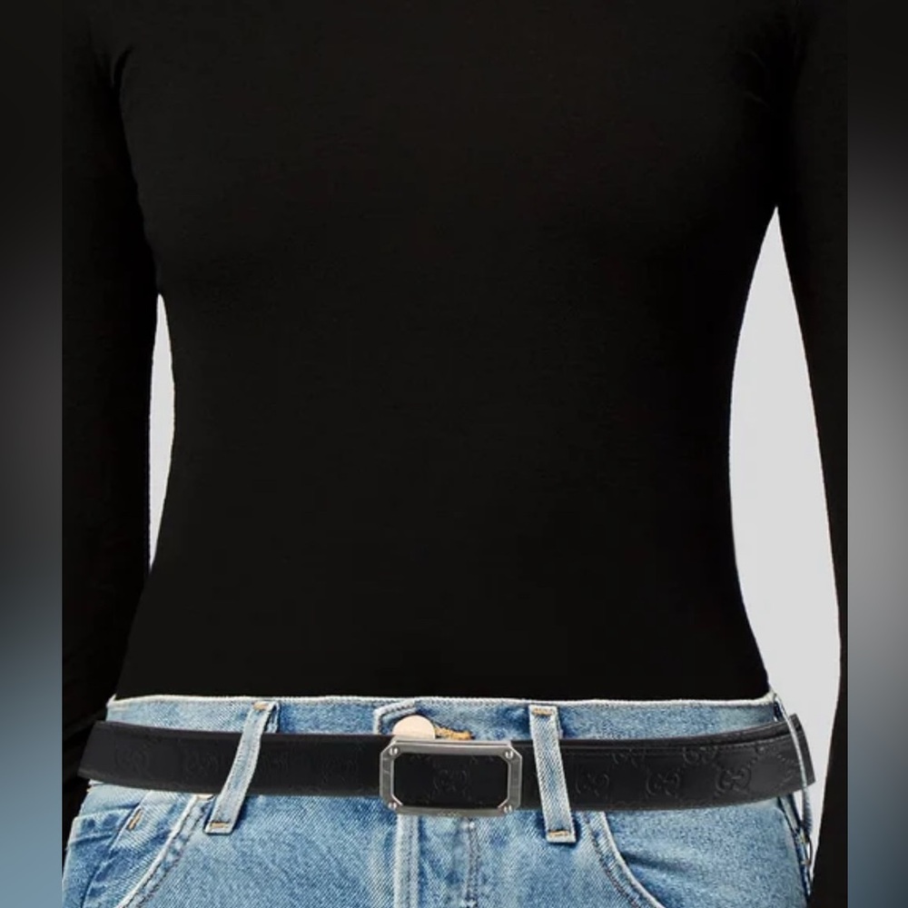 Gucci Black Signature Logo Leather Belt With Rectangular Buckle Size 105•42 - Picture 7 of 8